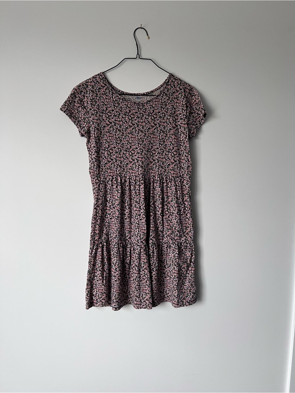 Old Navy Black and Pink Floral Tiered Short Sleeve Dress